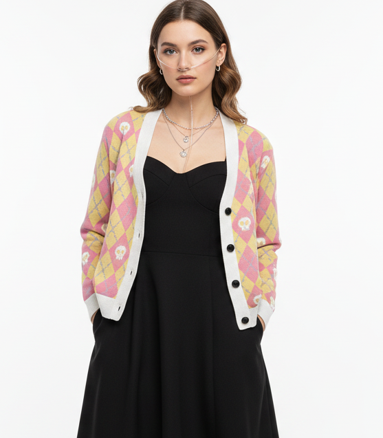 Unisex Relaxed Fit Knitted Cardigan - 'Diamond Skulls (Strawberry Lemonade)' Cardigan