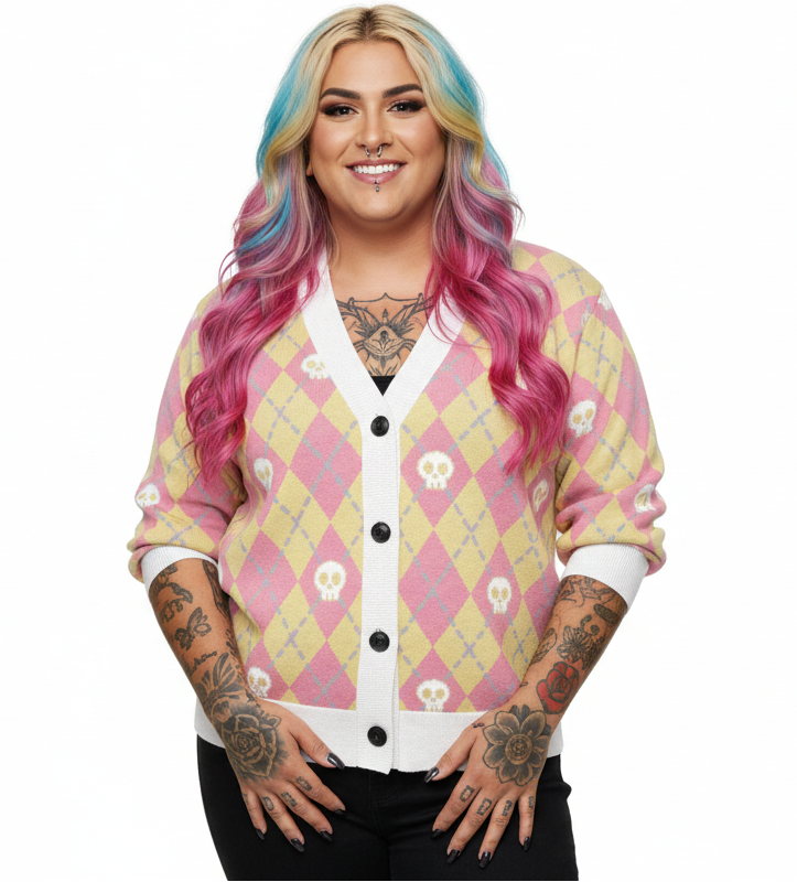 Unisex Relaxed Fit Knitted Cardigan - 'Diamond Skulls (Strawberry Lemonade)' Cardigan