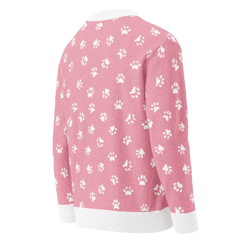 Unisex Relaxed Fit Knitted Cardigan - 'Pink Pawprints' Cardigan