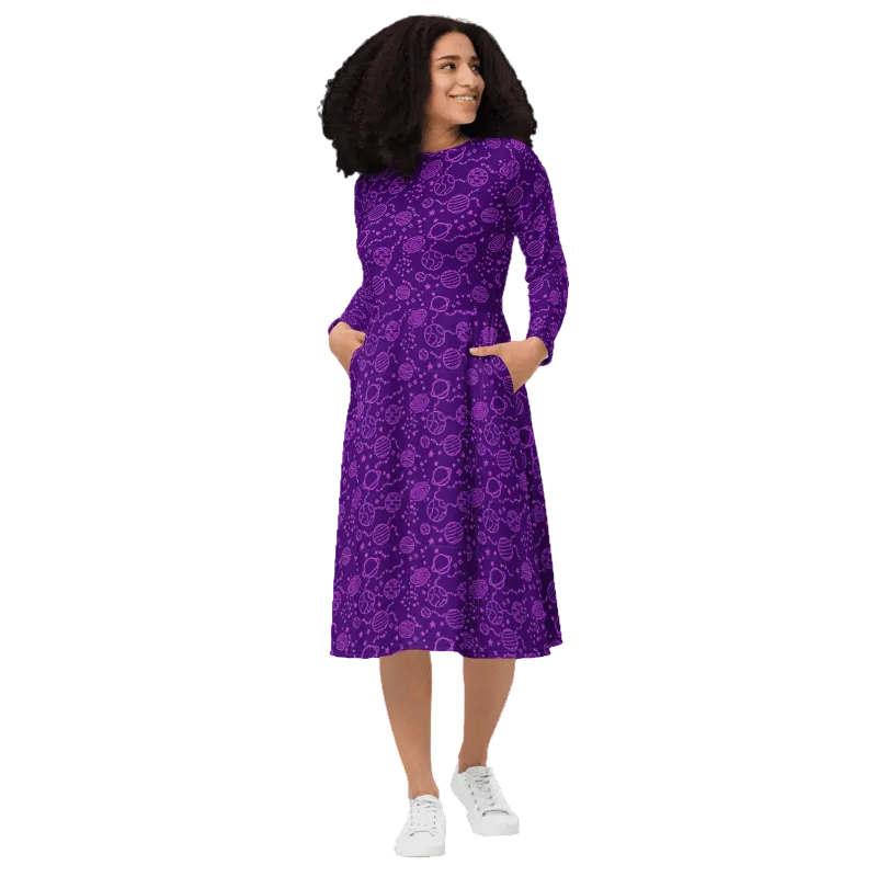 Long Sleeve Pocket Flare Dress - 'Purple Planets' Long Sleeve Dress