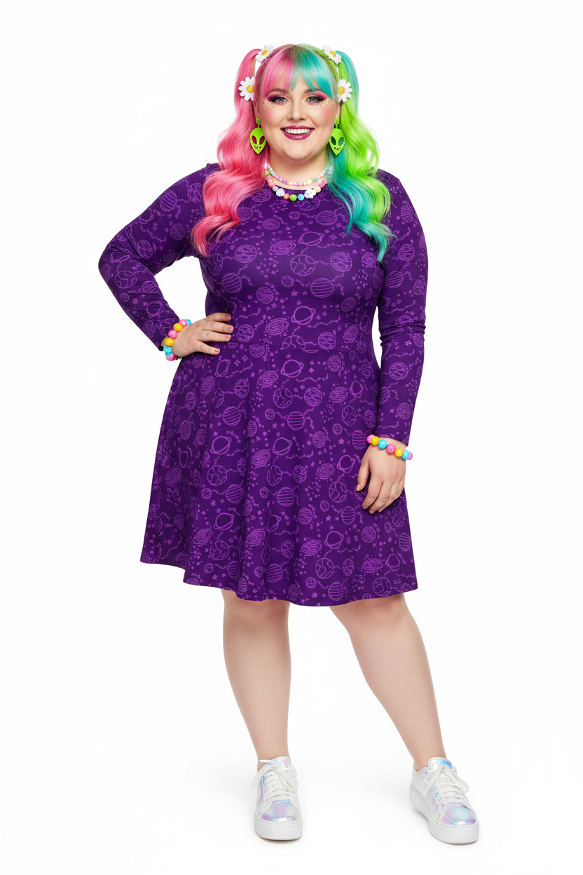 Long Sleeve Pocket Flare Dress - 'Purple Planets' Long Sleeve Dress